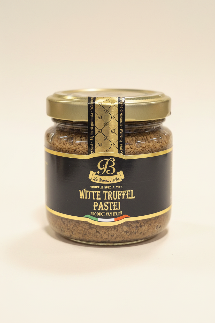 Pot La Rustichella witte truffelpasta vrijstaand op een lichte achtergrond