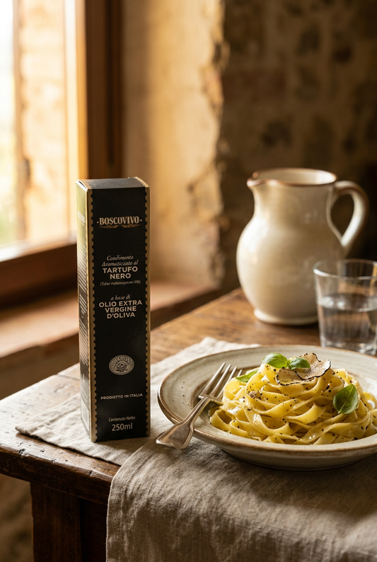 Boscovivo zwarte truffelolie 250 ml naast verse pasta op een Italiaanse tafel