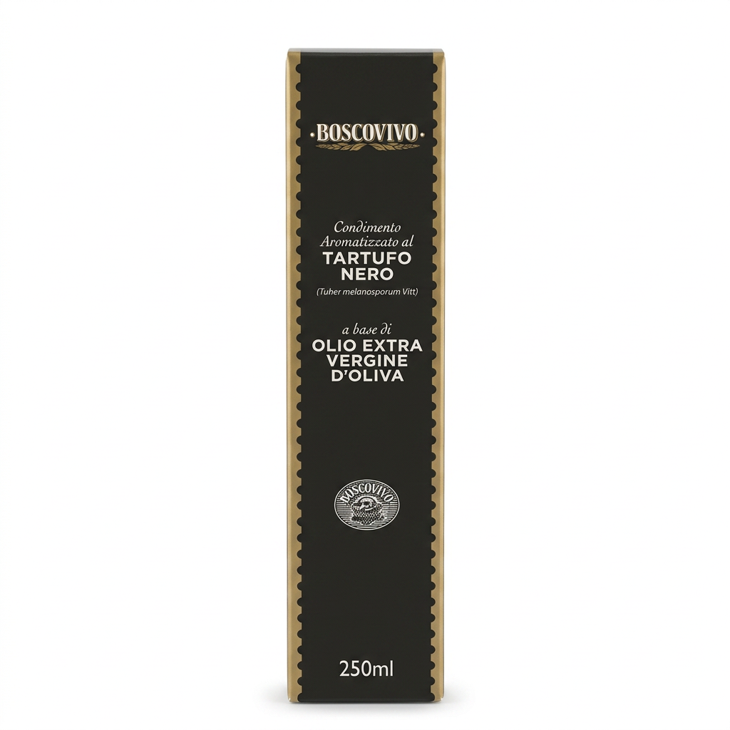 Boscovivo zwarte truffelolie 250 ml verpakking op een witte achtergrond