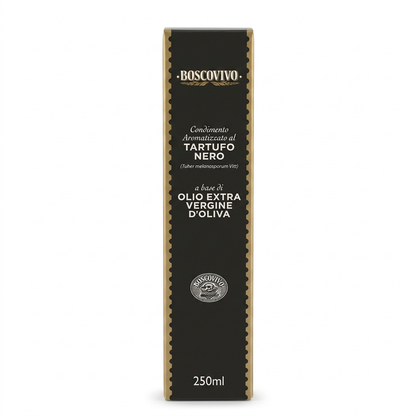 Boscovivo zwarte truffelolie 250 ml verpakking op een witte achtergrond