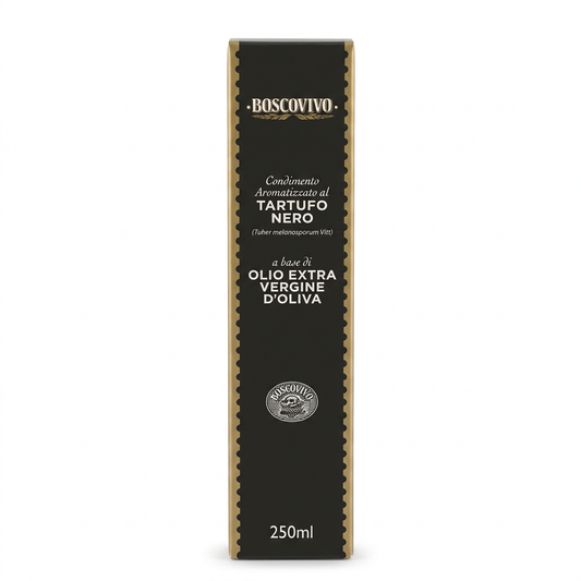 Boscovivo zwarte truffelolie 250 ml verpakking op een witte achtergrond