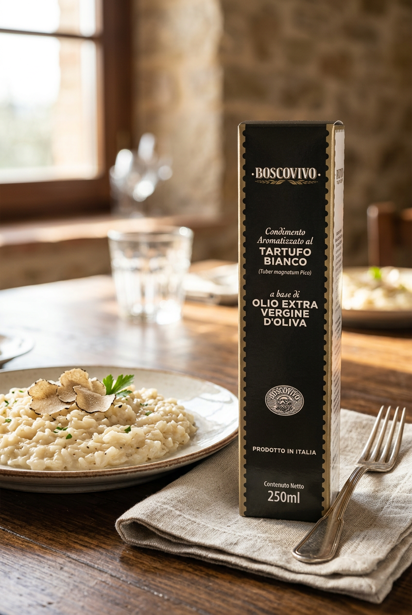 Boscovivo witte truffelolie 250 ml naast risotto op een Italiaanse tafel