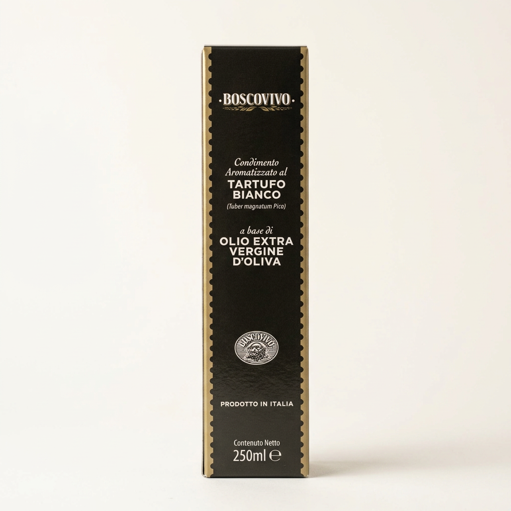 Boscovivo witte truffelolie 250 ml verpakking op een witte achtergrond