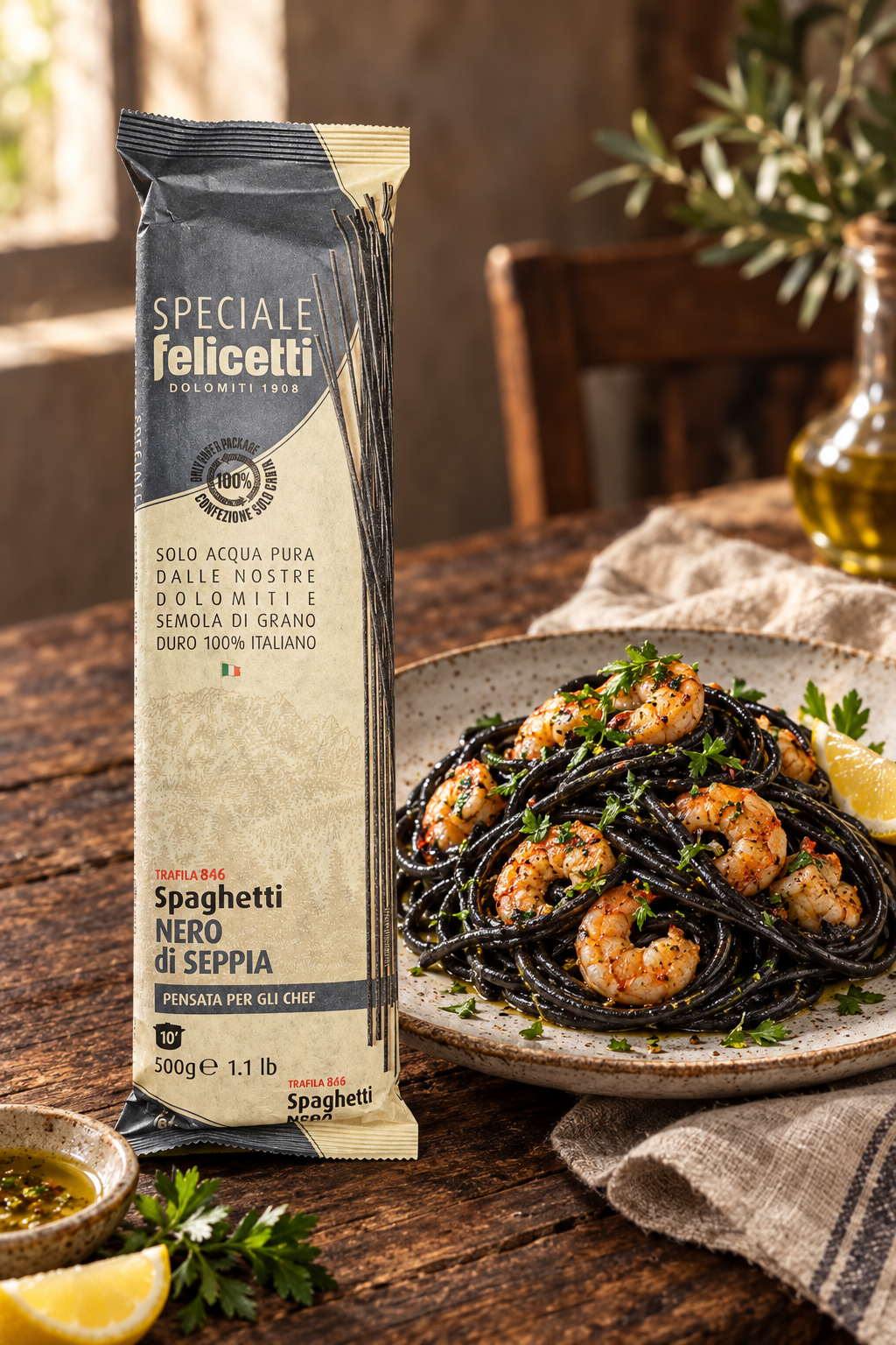Lifestylefoto Felicetti met zwarte spaghetti en garnalen
